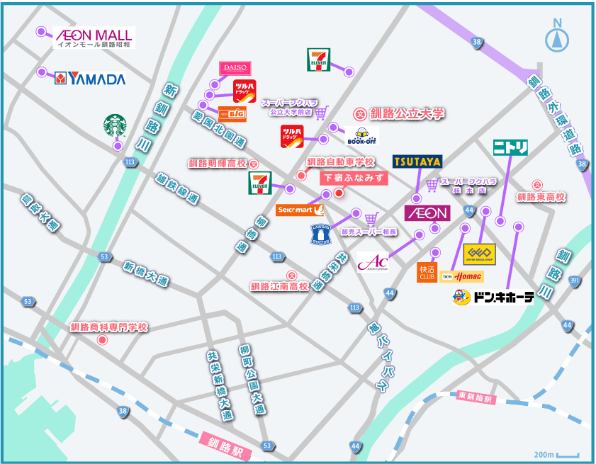 釧路市内の略地図とおもな商業施設