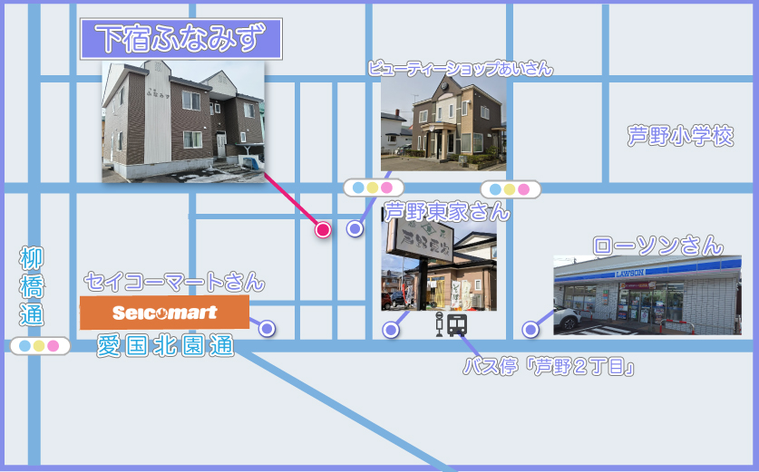釧路市芦野２丁目停留所から下宿ふなみずまでの徒歩経路地図